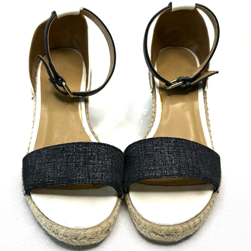 Talbots Navy White Espadrille Sandals with Ankle Strap Leather Canvas Size 6.5